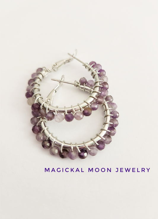 Amethyst gemstone small silver hoop earrings 1 inch drop