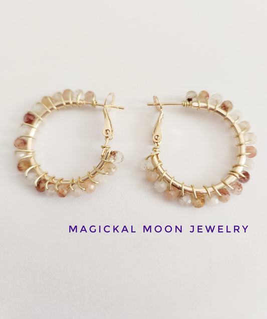 Citrine gemstone small gold hoop earrings 1 inch drop