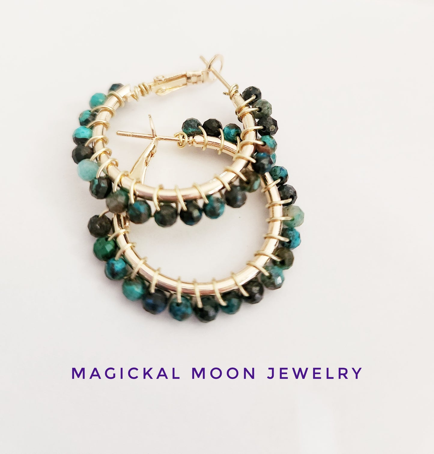 Chrysocolla gemstone small gold hoop earrings 1 inch drop