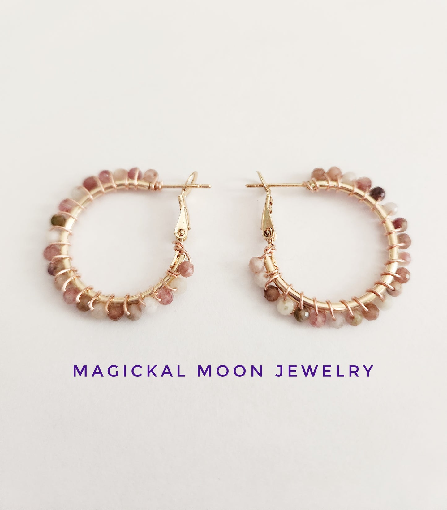Mixed gemstone small rose gold hoop earrings 1 inch drop