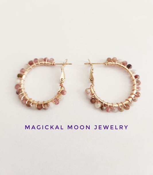 Mixed gemstone small rose gold hoop earrings 1 inch drop
