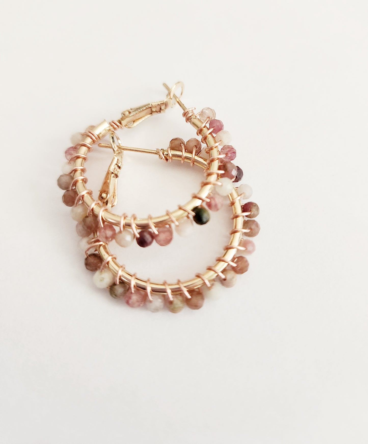 Mixed gemstone small rose gold hoop earrings 1 inch drop
