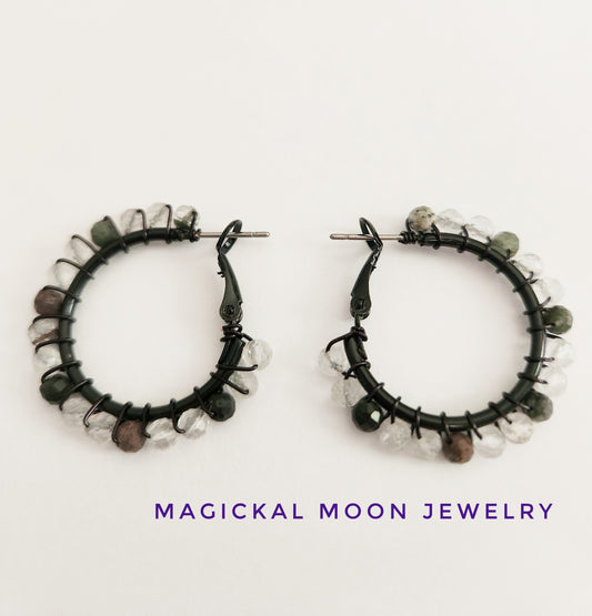 Flower Phantom Quartz gemstone small hoop earrings 1 inch drop