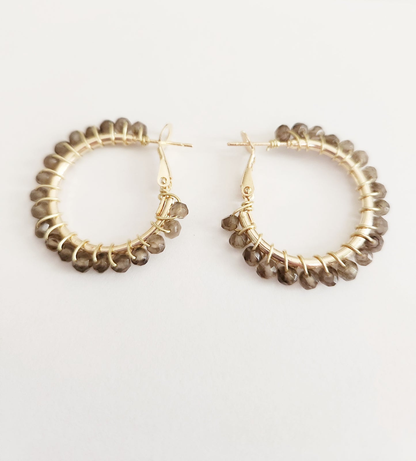 Smokey Quartz gemstone small gold hoop earrings 1 inch drop
