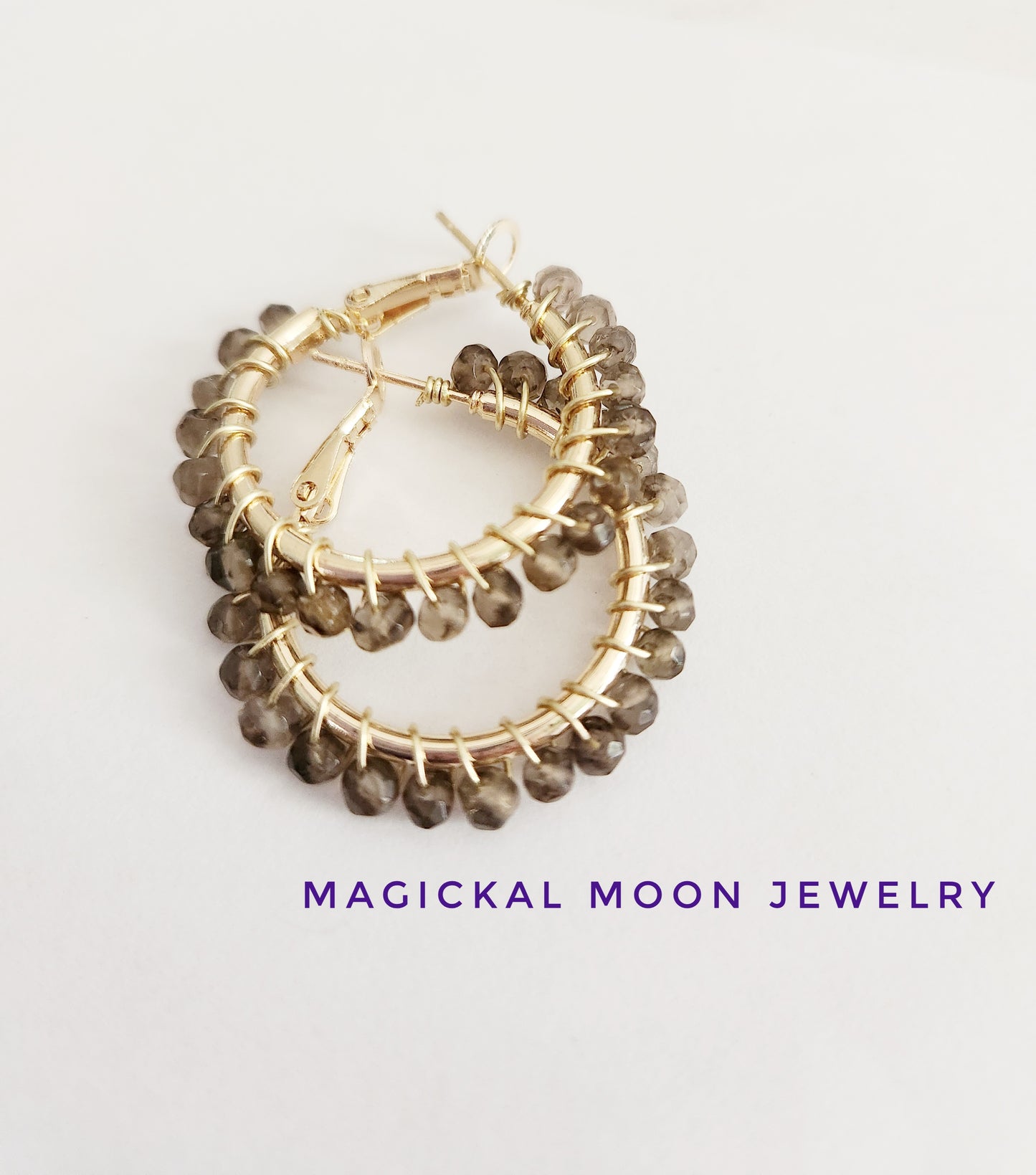 Smokey Quartz gemstone small gold hoop earrings 1 inch drop