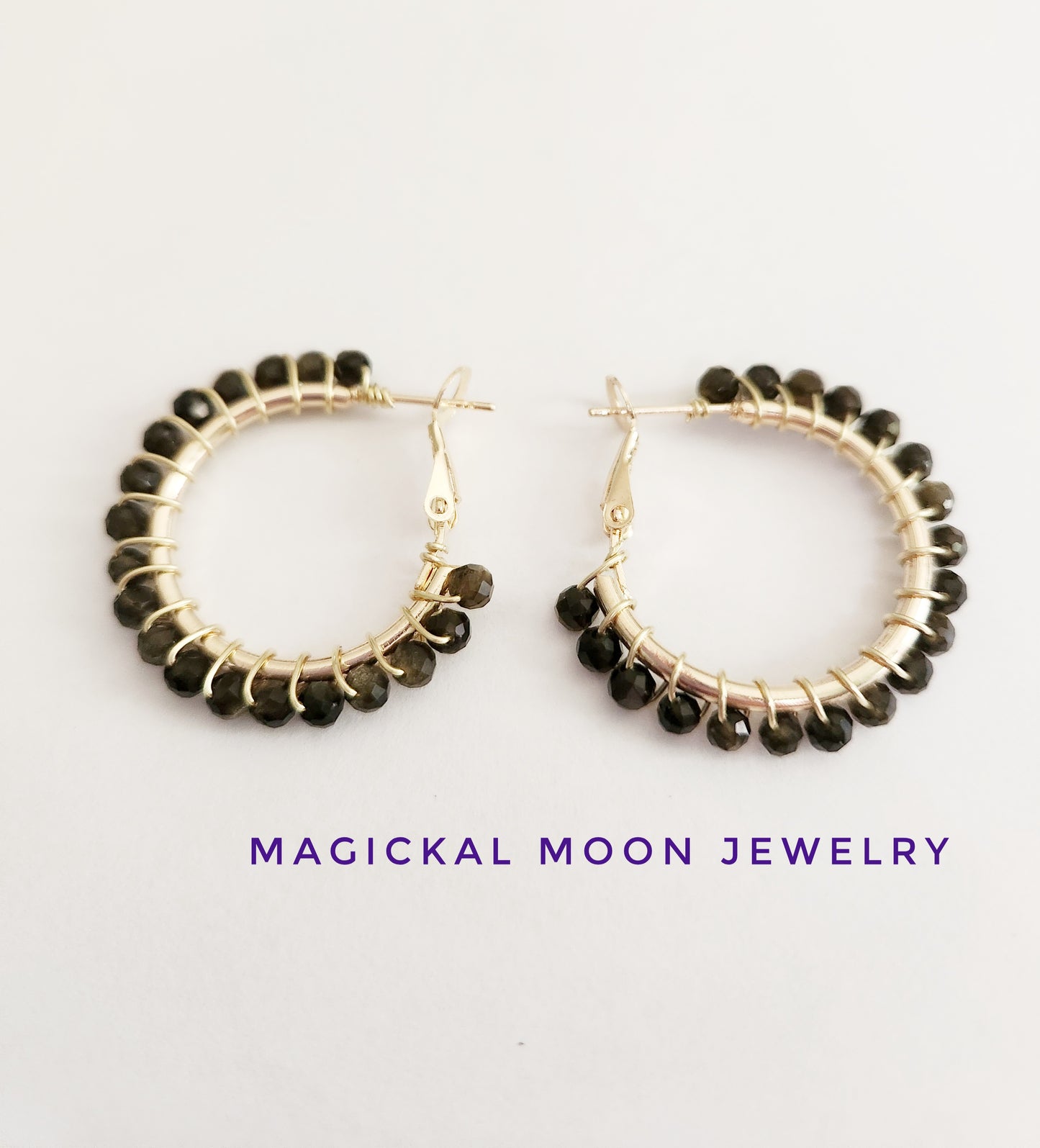 Gold Sheen Obsidian gemstone small gold hoop earrings 1 inch drop