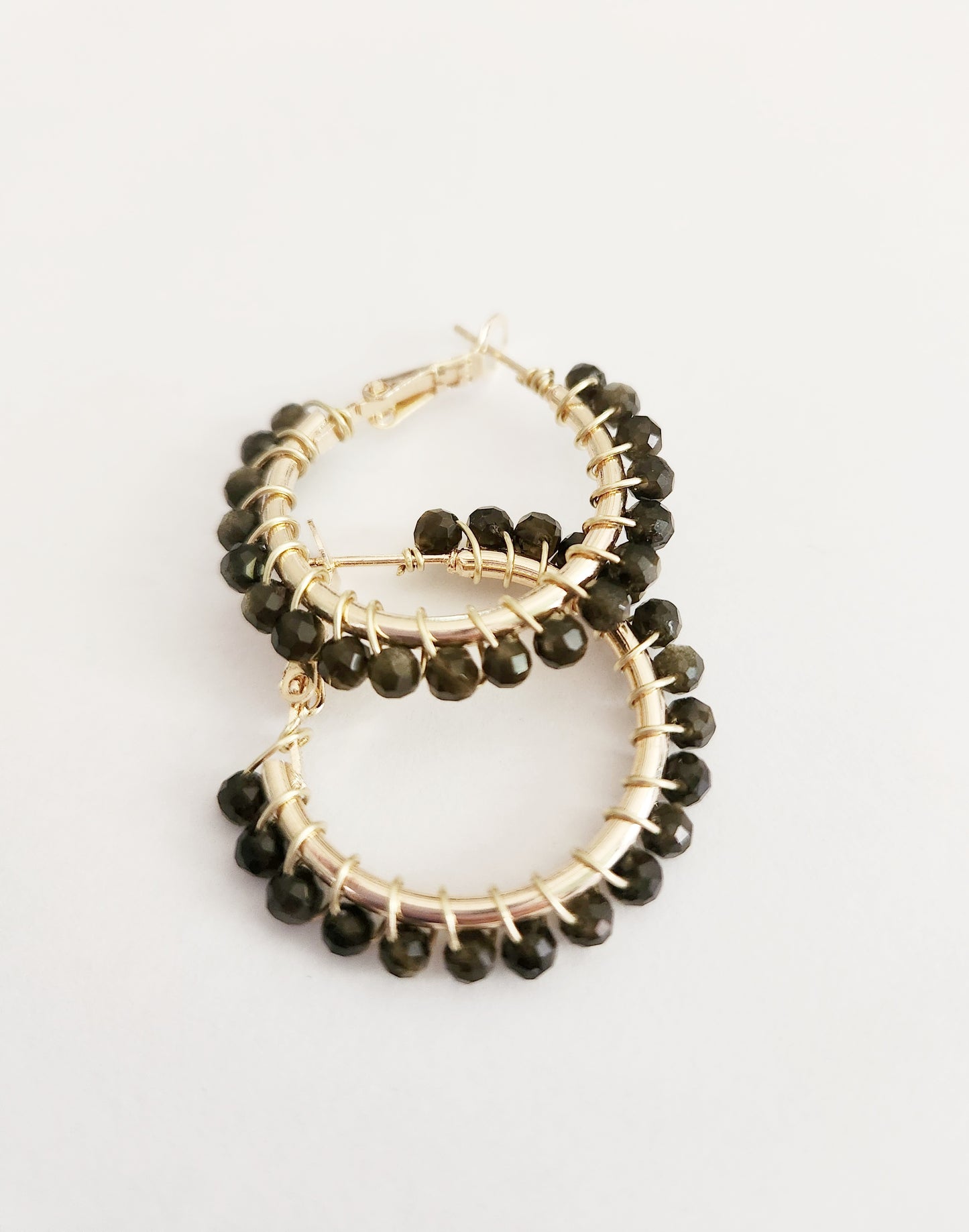 Gold Sheen Obsidian gemstone small gold hoop earrings 1 inch drop