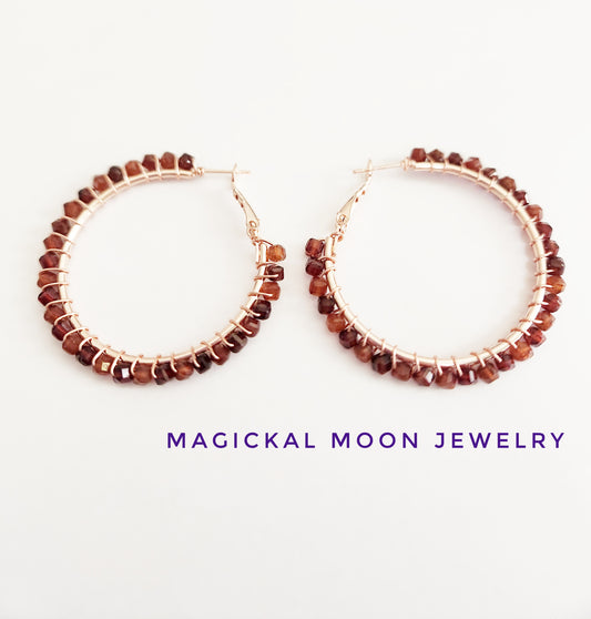 Peach Garnet gemstone beaded large rose gold hoop earrings 1.75 inch drop