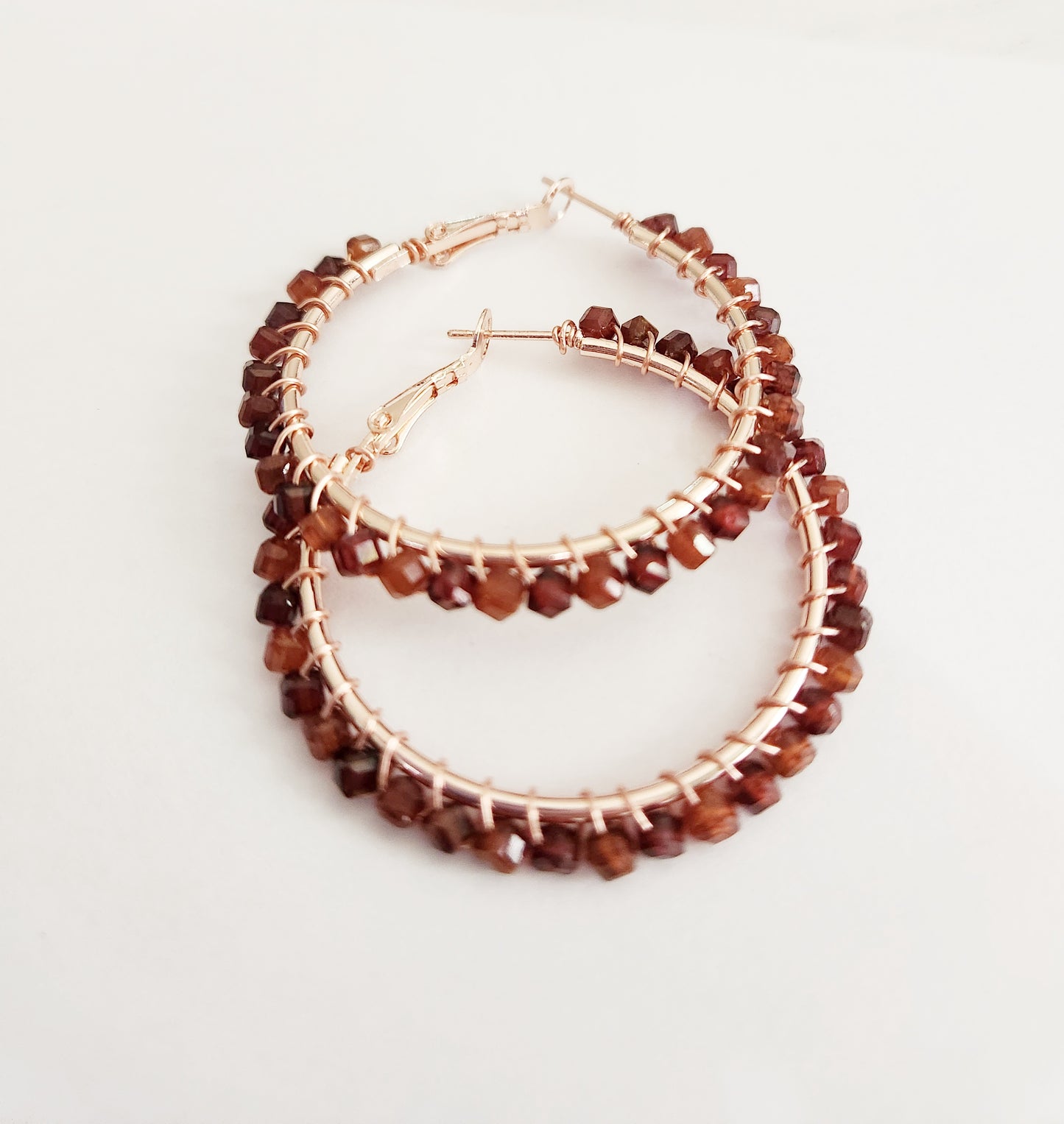 Peach Garnet gemstone beaded large rose gold hoop earrings 1.75 inch drop