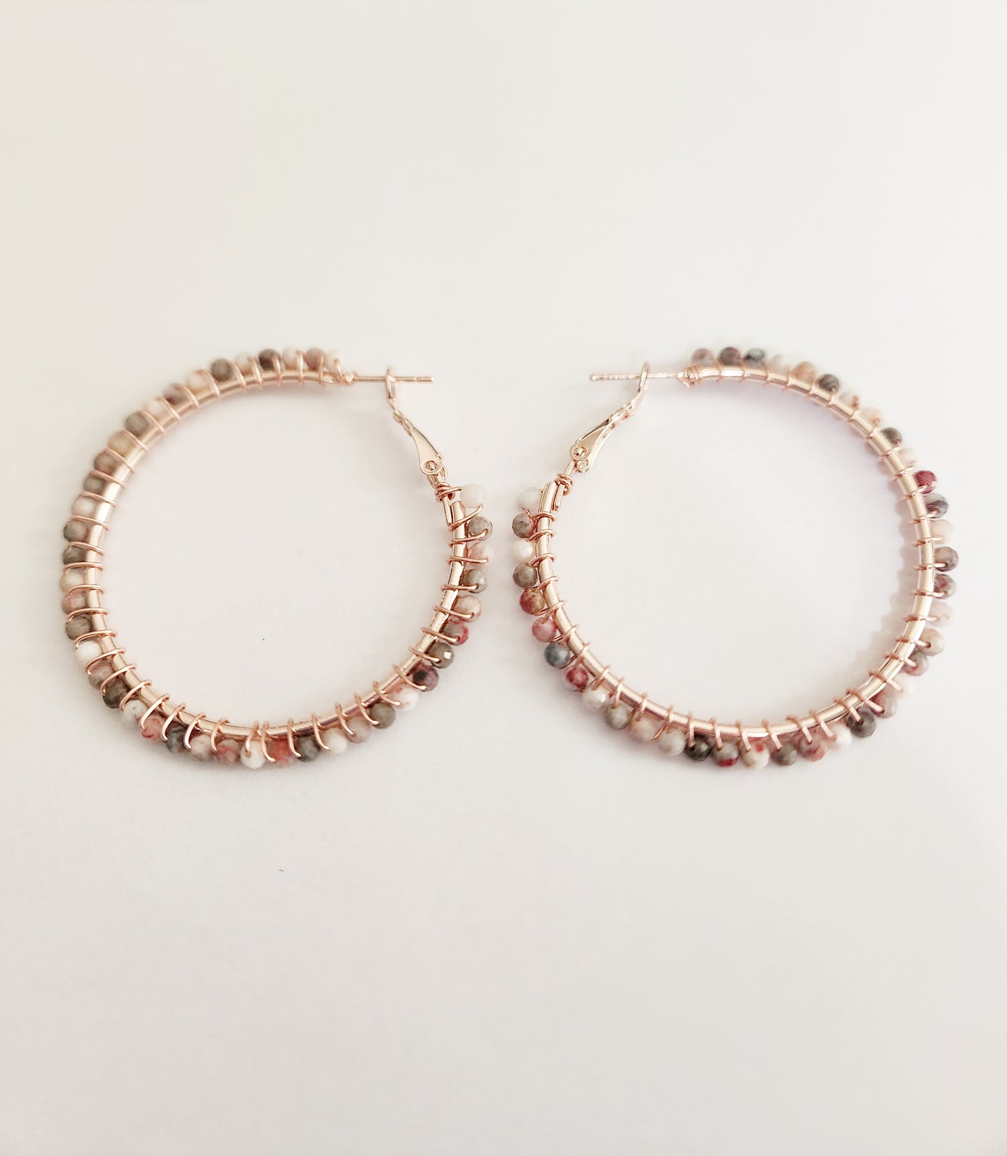 Cinnabar gemstone beaded large rose gold hoop earrings 1.75 inch drop