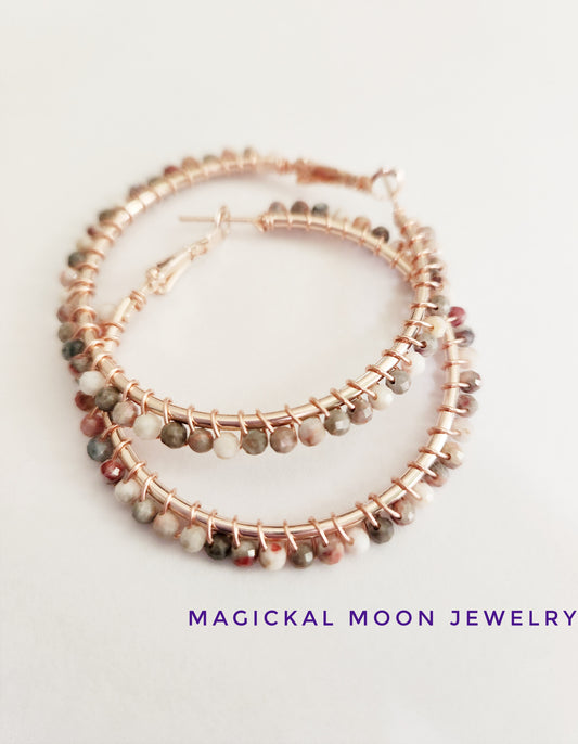 Cinnabar gemstone beaded large rose gold hoop earrings 1.75 inch drop