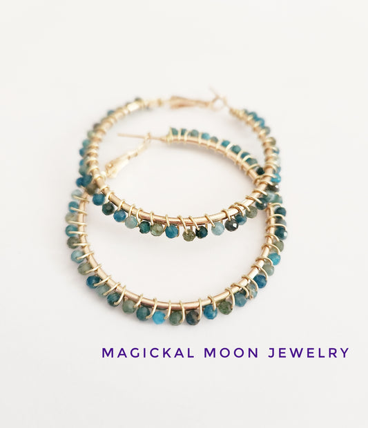 Blue Apatite gemstone beaded gold hoop earrings