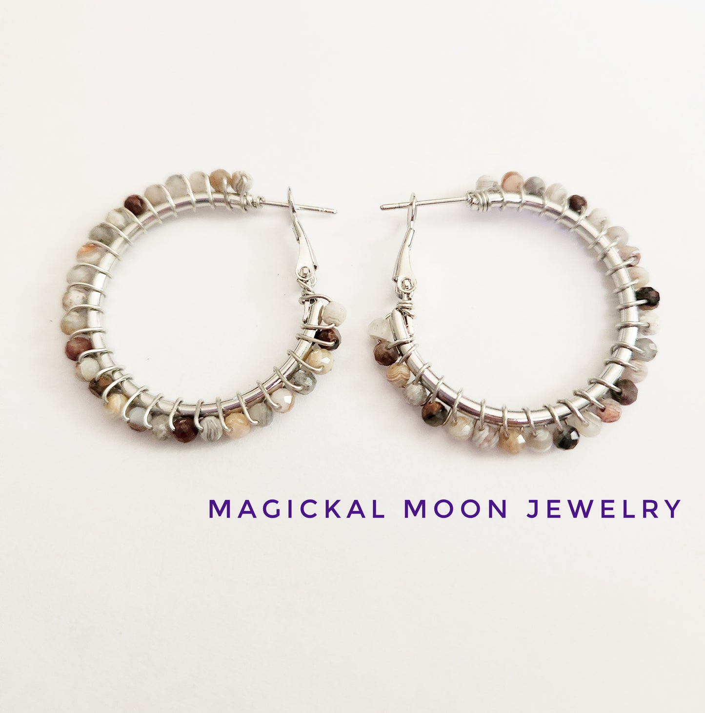 Laguna Lace Agate gemstone beaded medium silver hoop earrings 1.25 inch drop