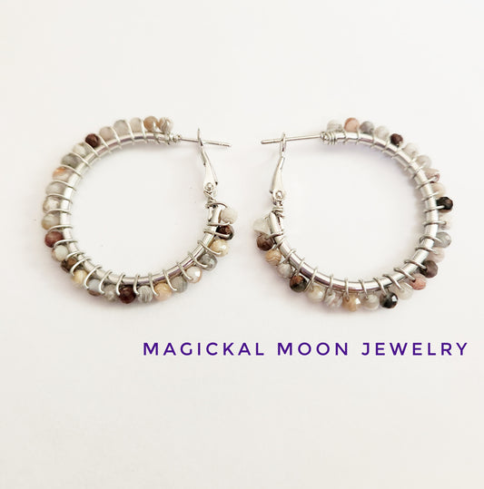 Laguna Lace Agate gemstone beaded medium silver hoop earrings 1.25 inch drop