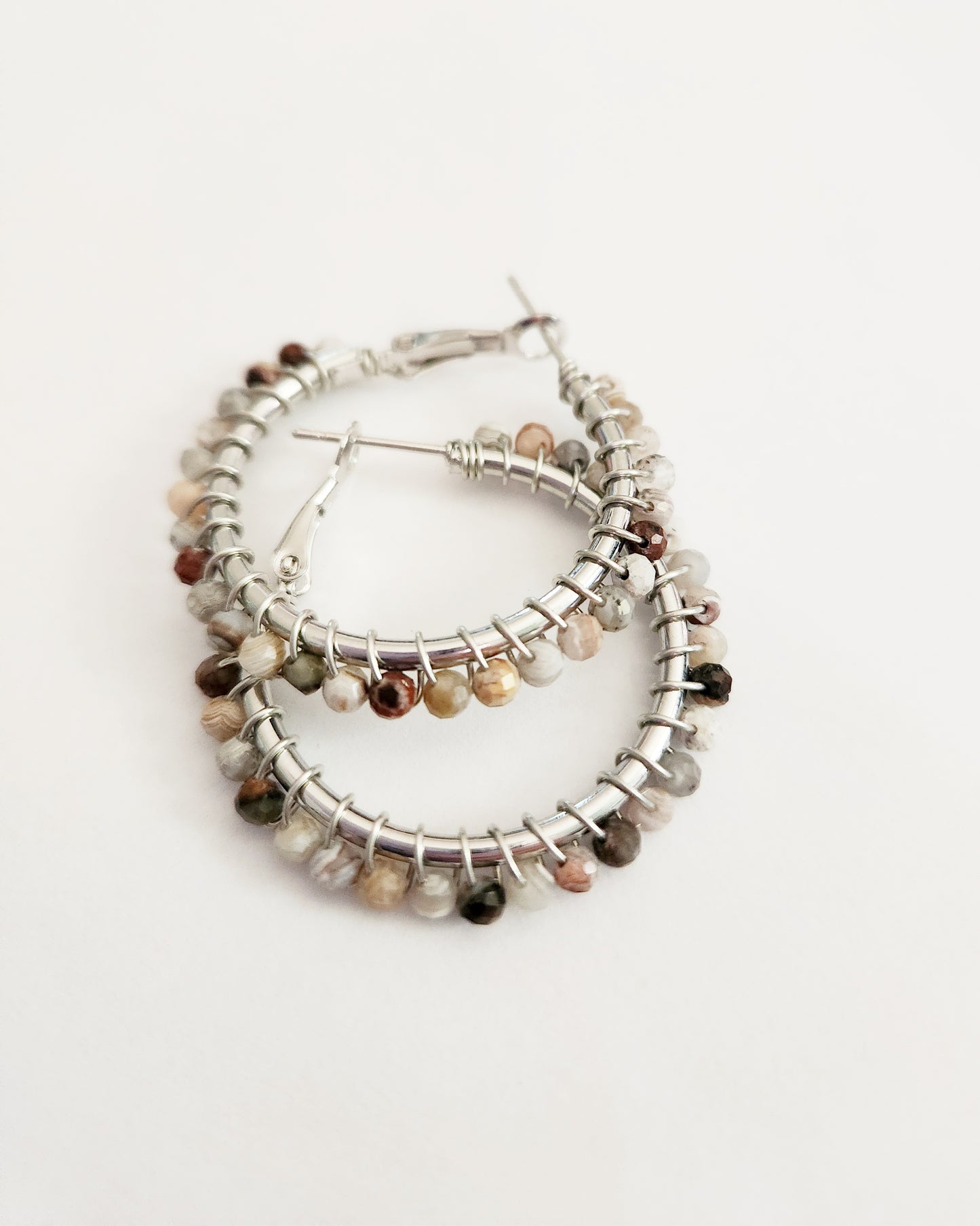 Laguna Lace Agate gemstone beaded medium silver hoop earrings 1.25 inch drop