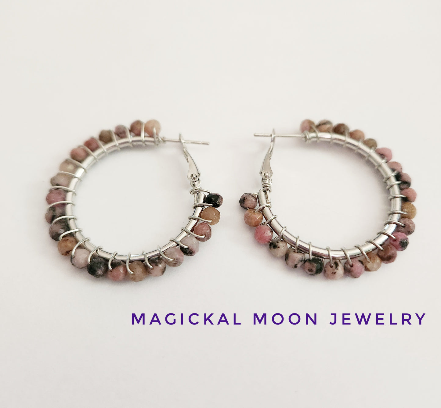 Rhodonite gemstone beaded medium silver hoop earrings 1.25 inch drop