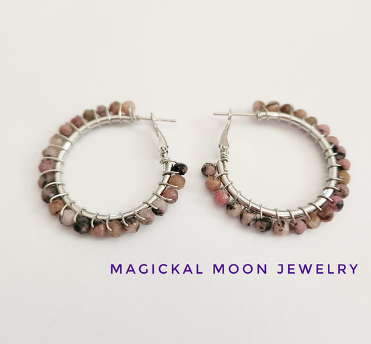 Rhodonite gemstone beaded medium silver hoop earrings 1.25 inch drop