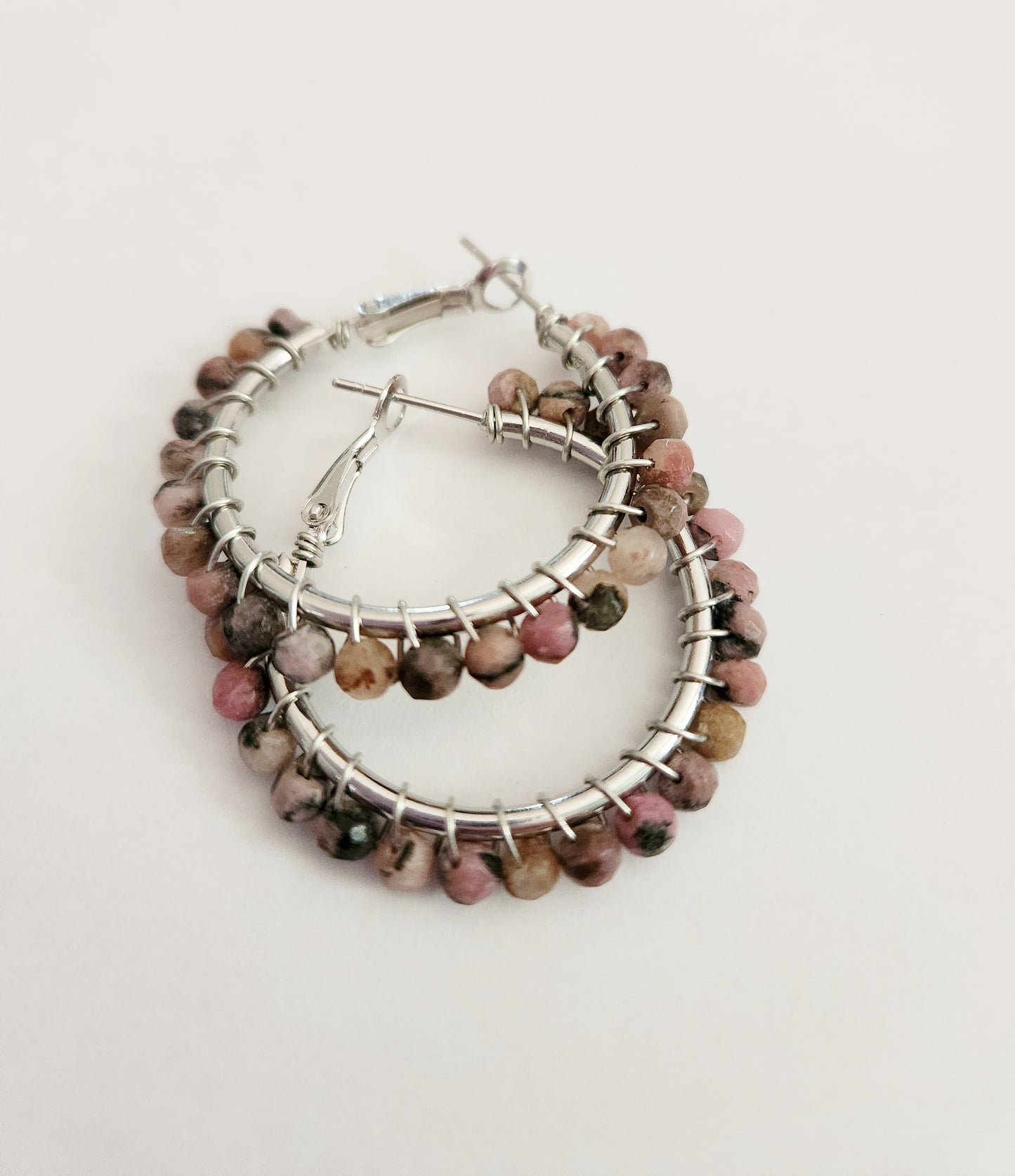 Rhodonite gemstone beaded medium silver hoop earrings 1.25 inch drop