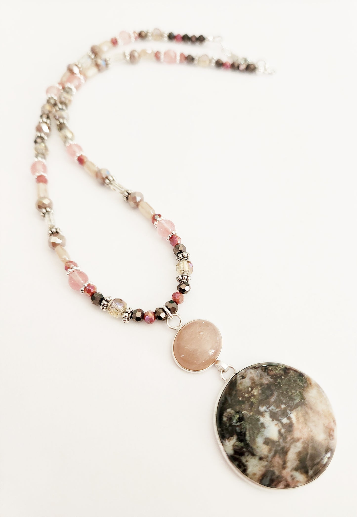 Tube Agate and Rose Quartz gemstone silver necklace