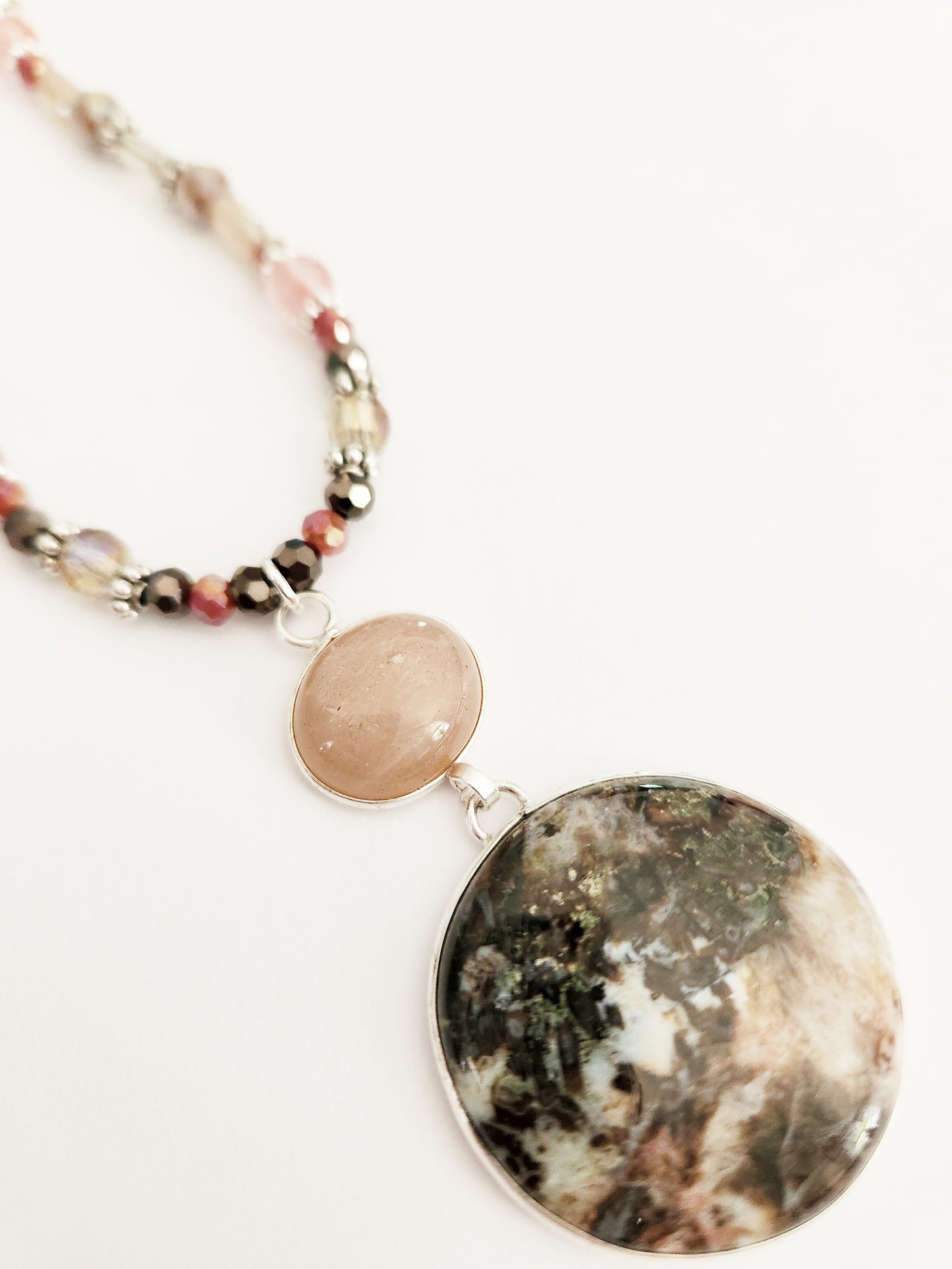 Tube Agate and Rose Quartz gemstone silver necklace