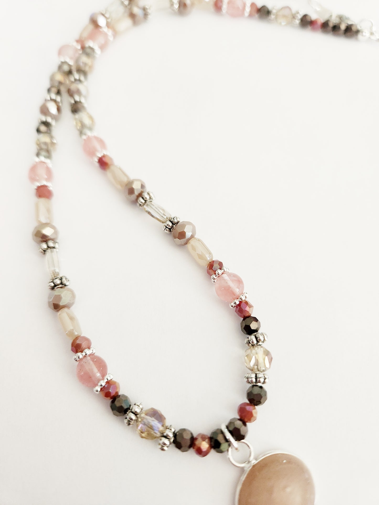 Tube Agate and Rose Quartz gemstone silver necklace