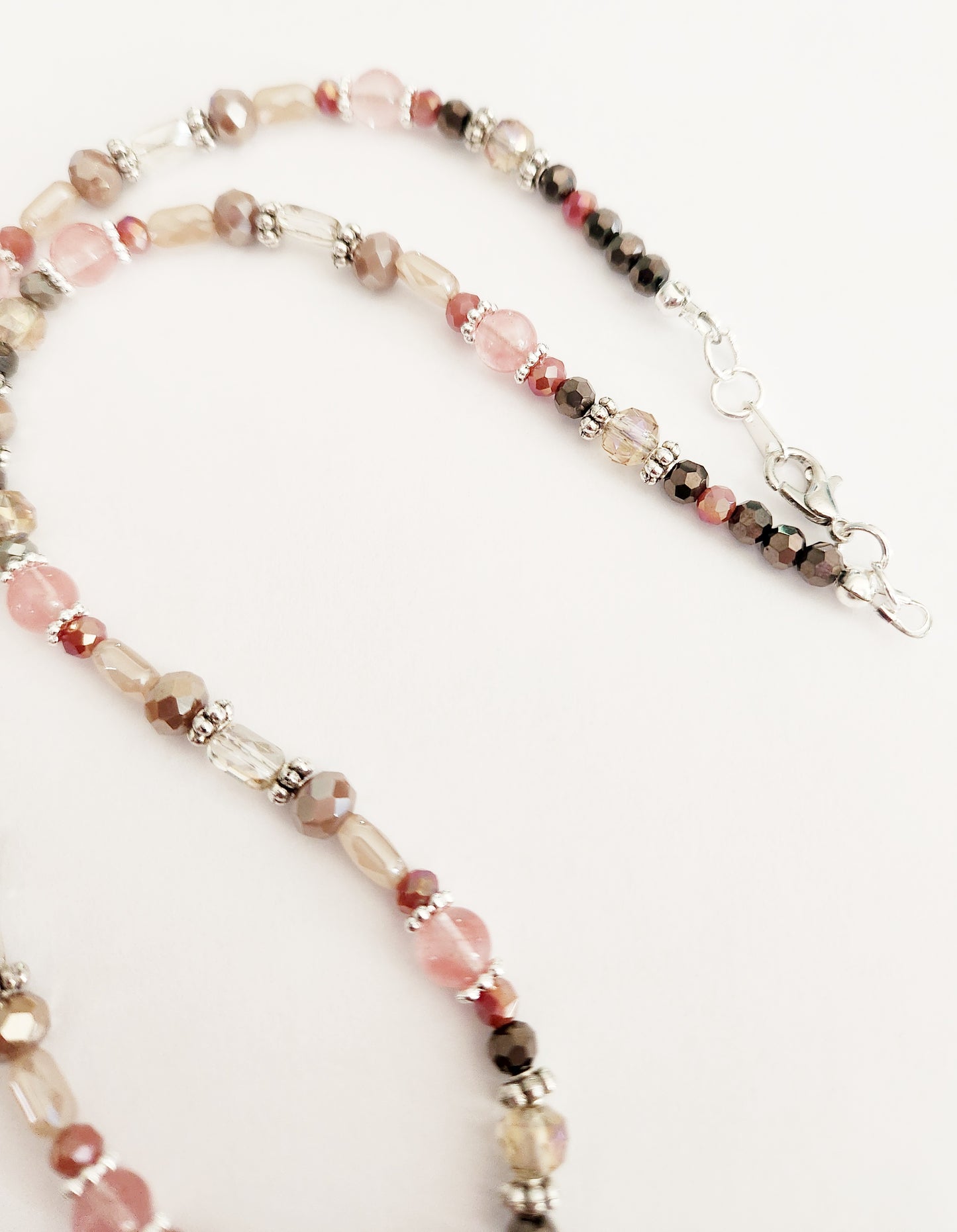 Tube Agate and Rose Quartz gemstone silver necklace