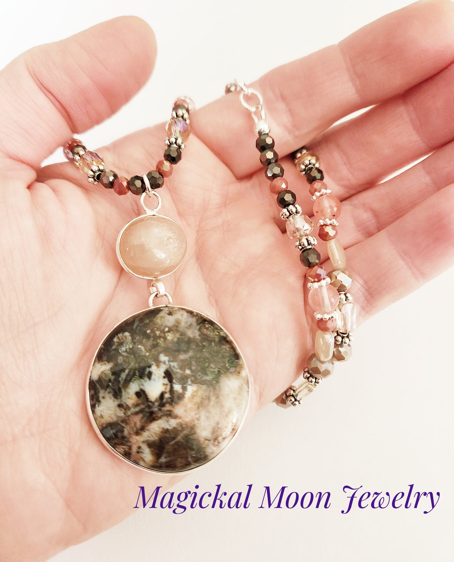 Tube Agate and Rose Quartz gemstone silver necklace