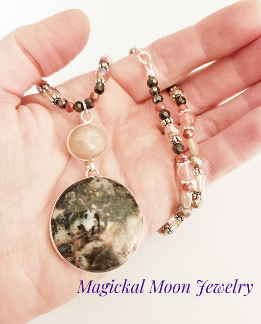 Tube Agate and Rose Quartz gemstone silver necklace