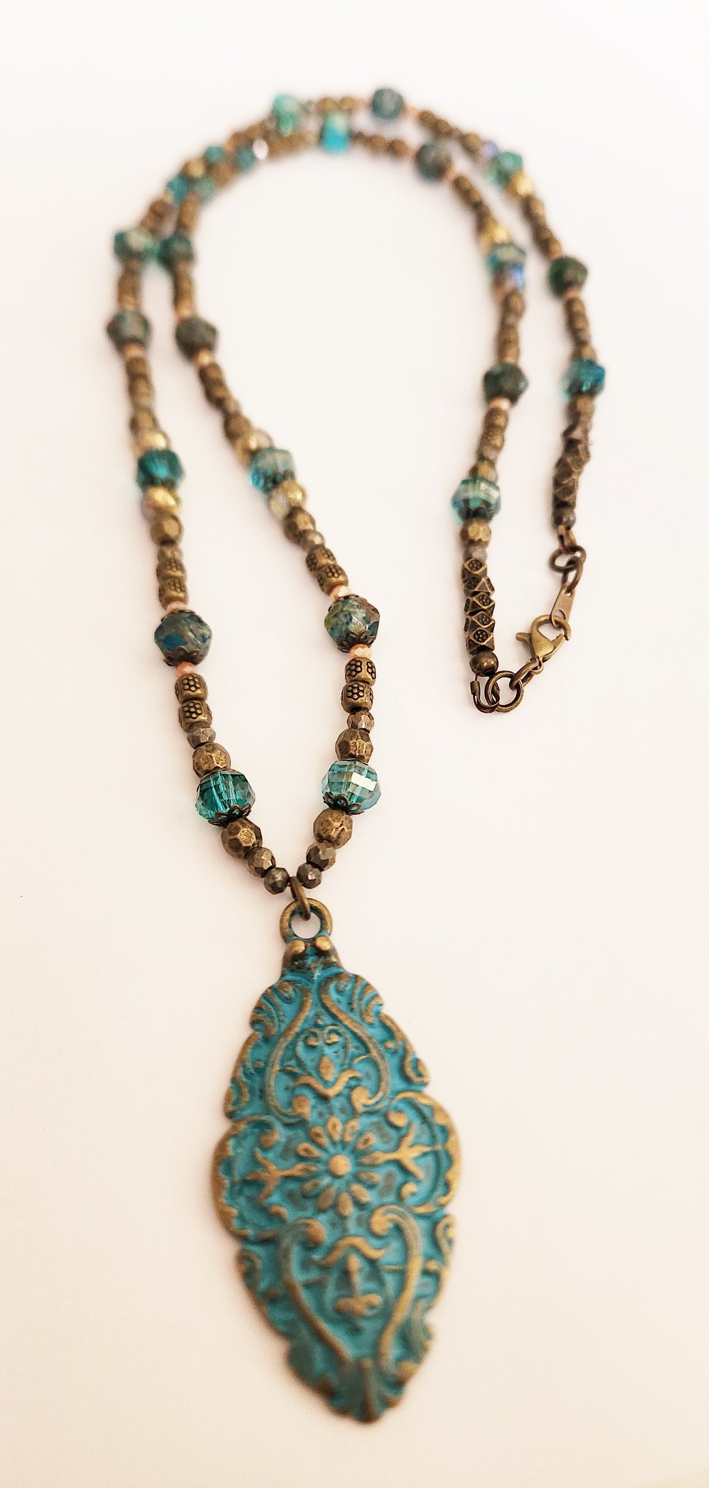 Teal and dark gold teardrop beaded necklace