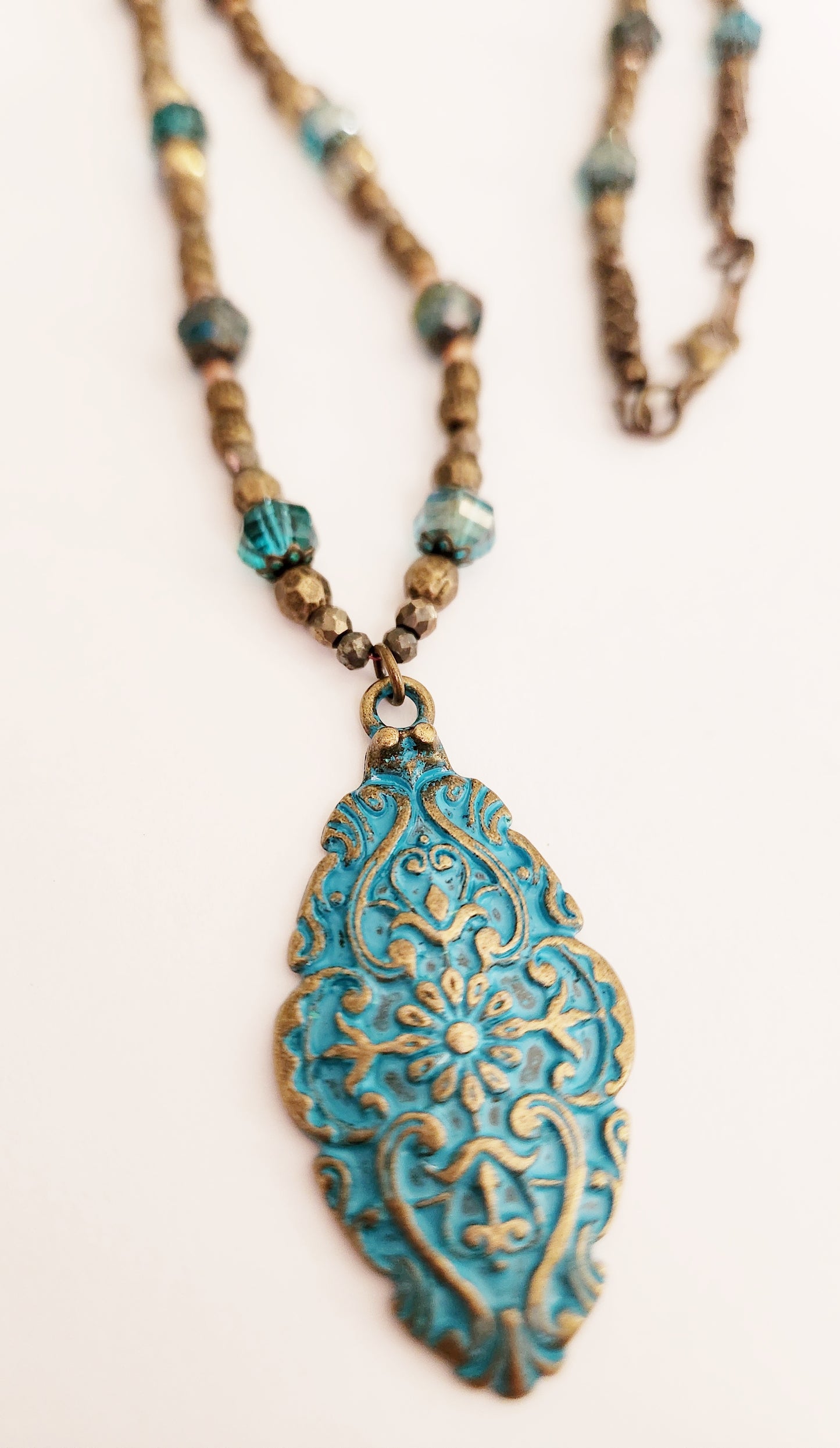 Teal and dark gold teardrop beaded necklace