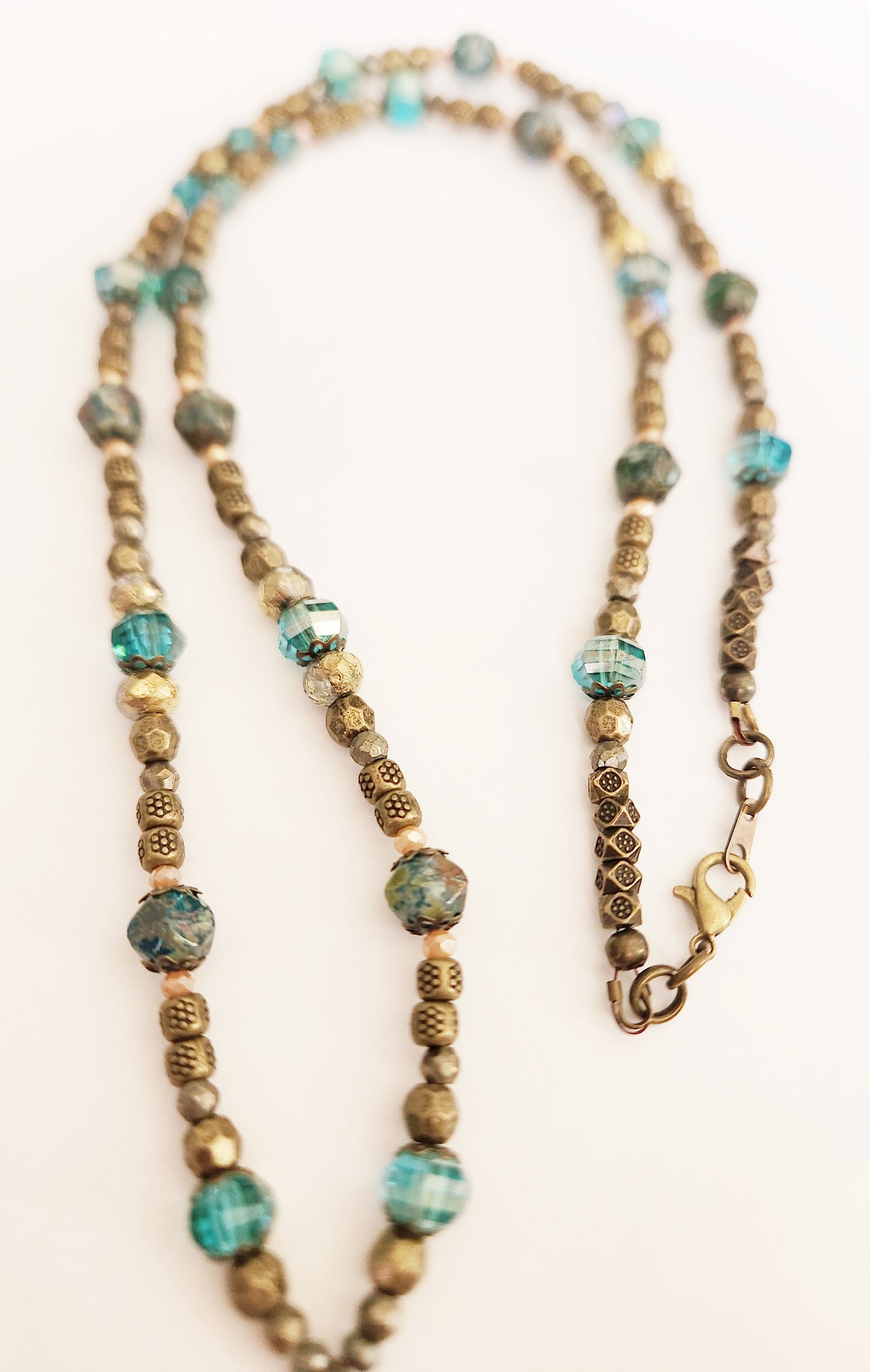 Teal and dark gold teardrop beaded necklace
