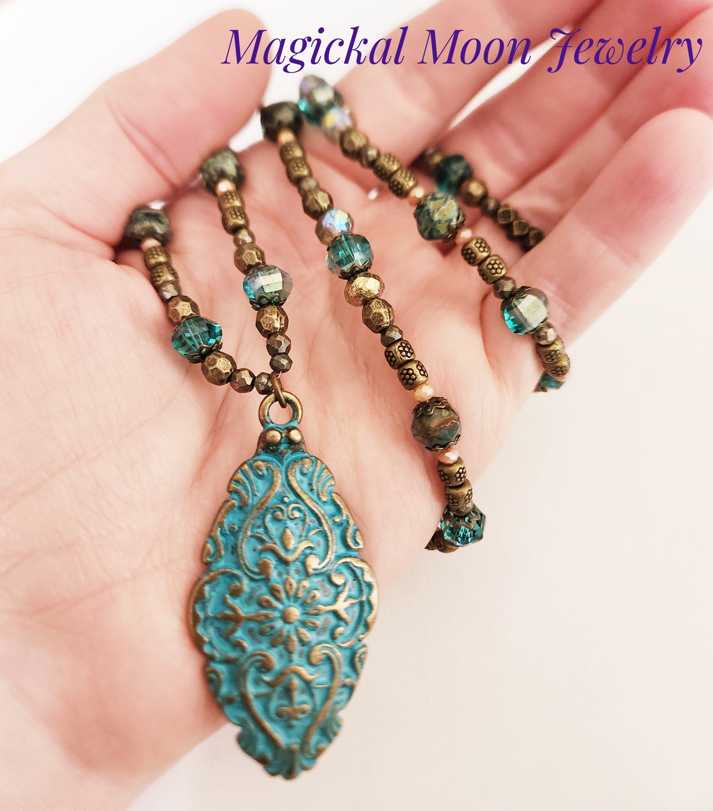 Teal and dark gold teardrop beaded necklace