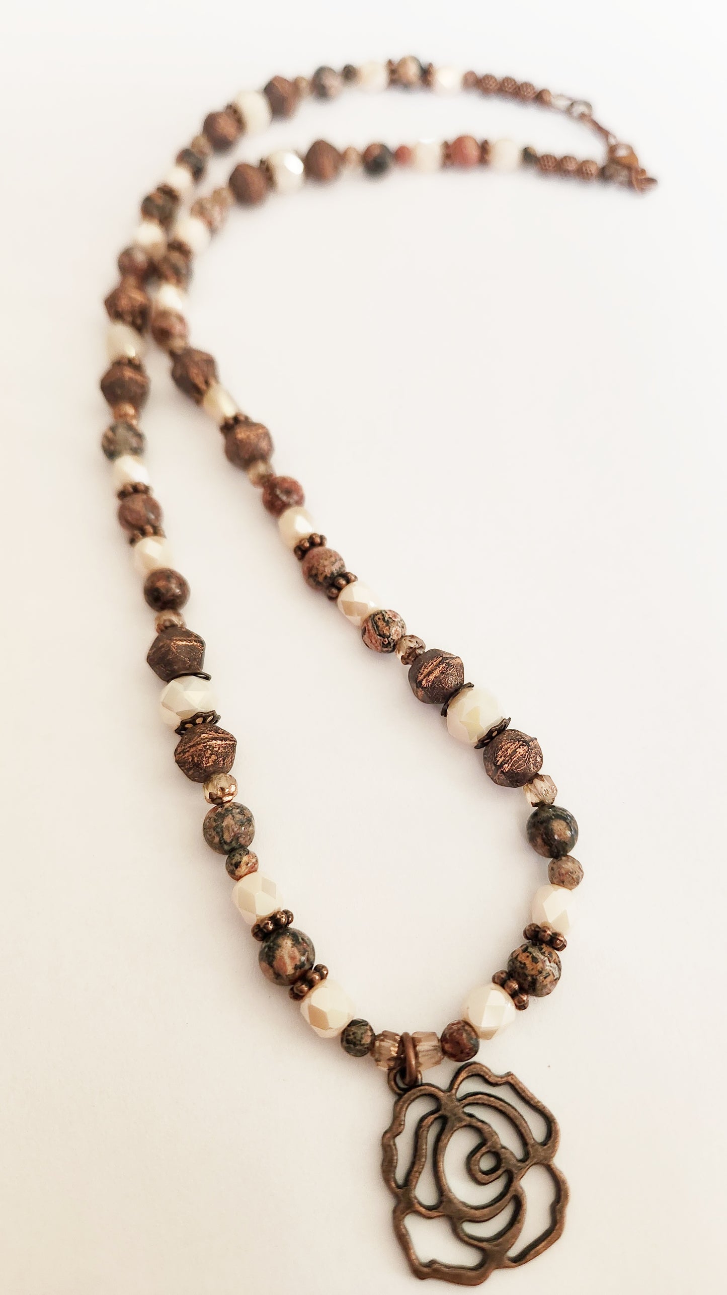 Copper rose necklace with Leopardskin Jasper gemstones