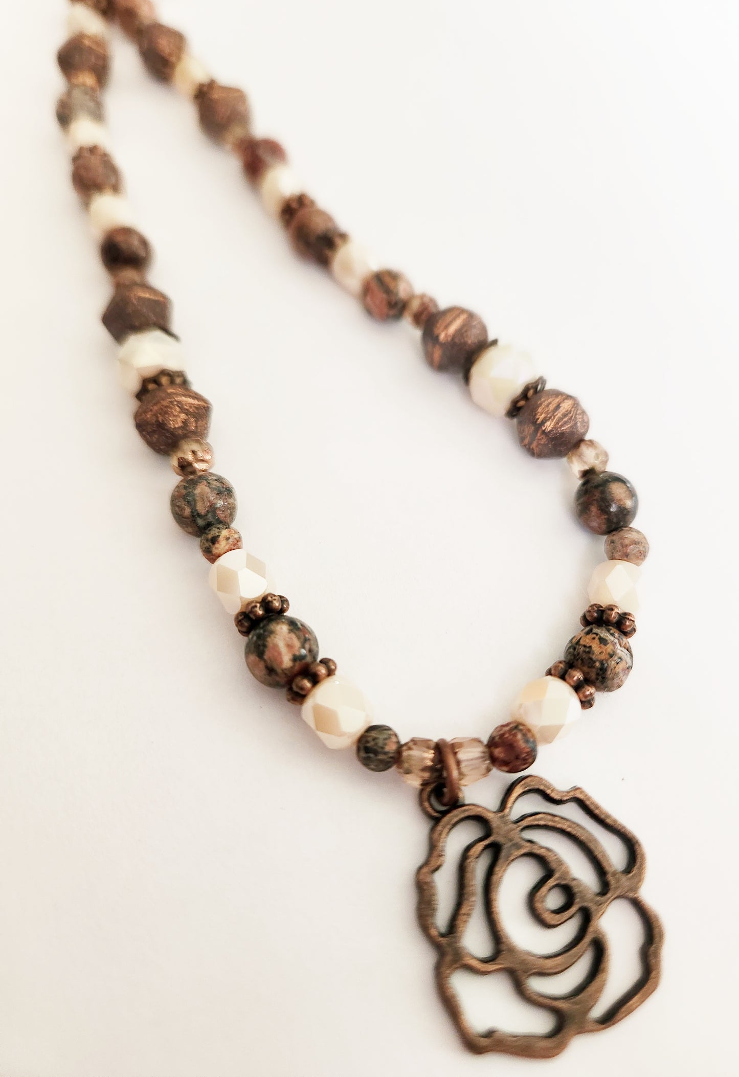 Copper rose necklace with Leopardskin Jasper gemstones