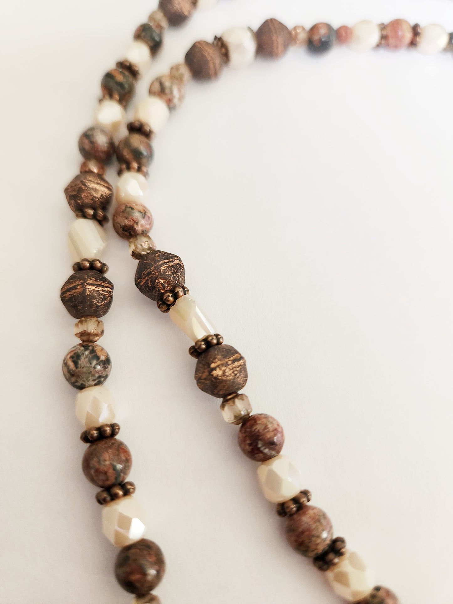 Copper rose necklace with Leopardskin Jasper gemstones