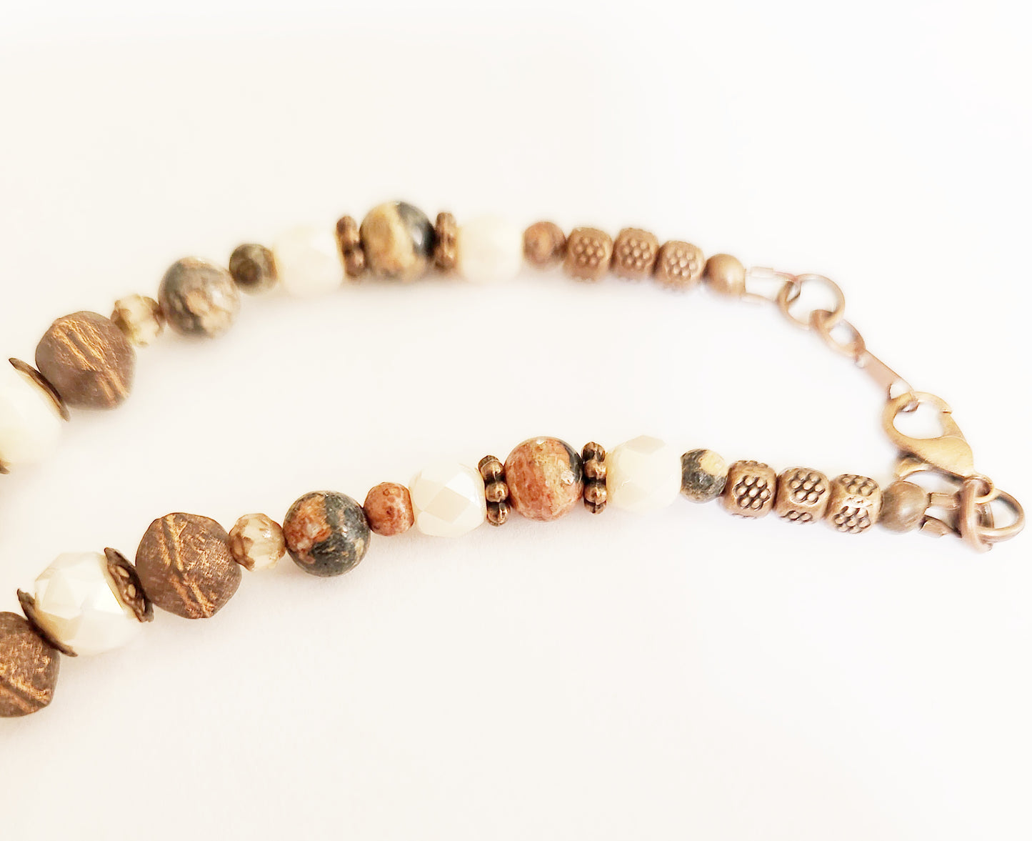 Copper rose necklace with Leopardskin Jasper gemstones
