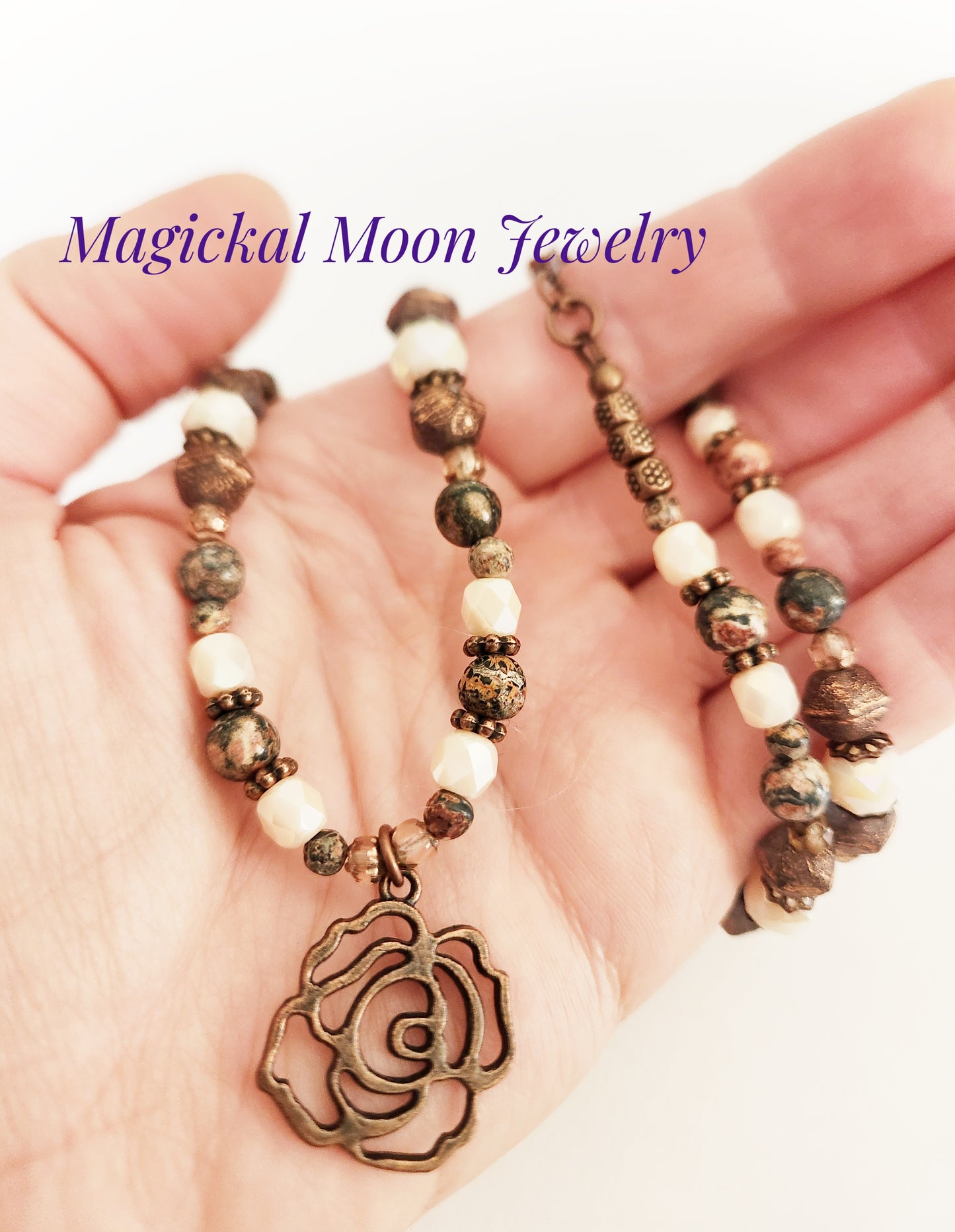 Copper rose necklace with Leopardskin Jasper gemstones