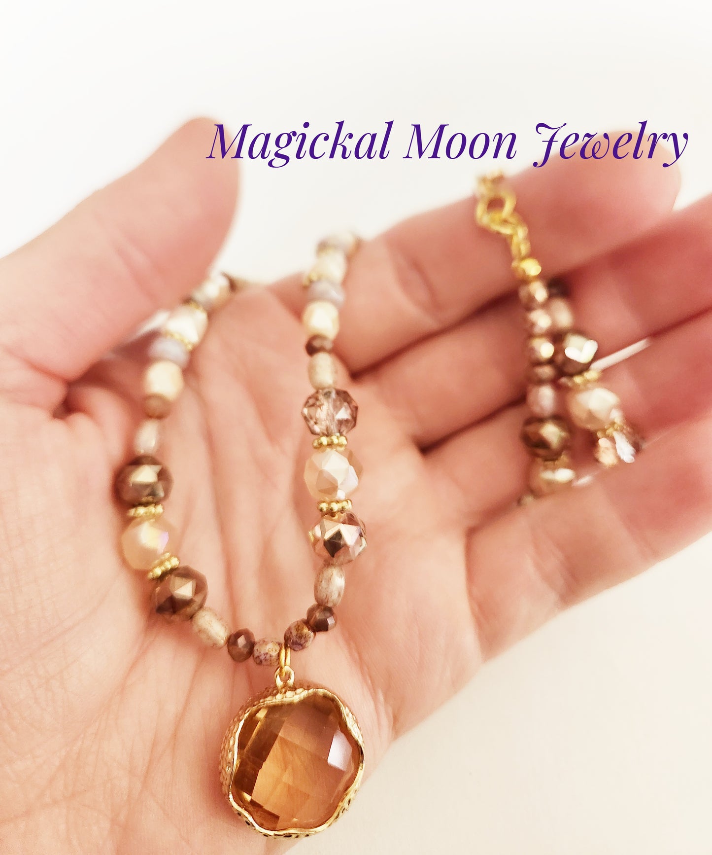 Pink glass round pendant gold necklace