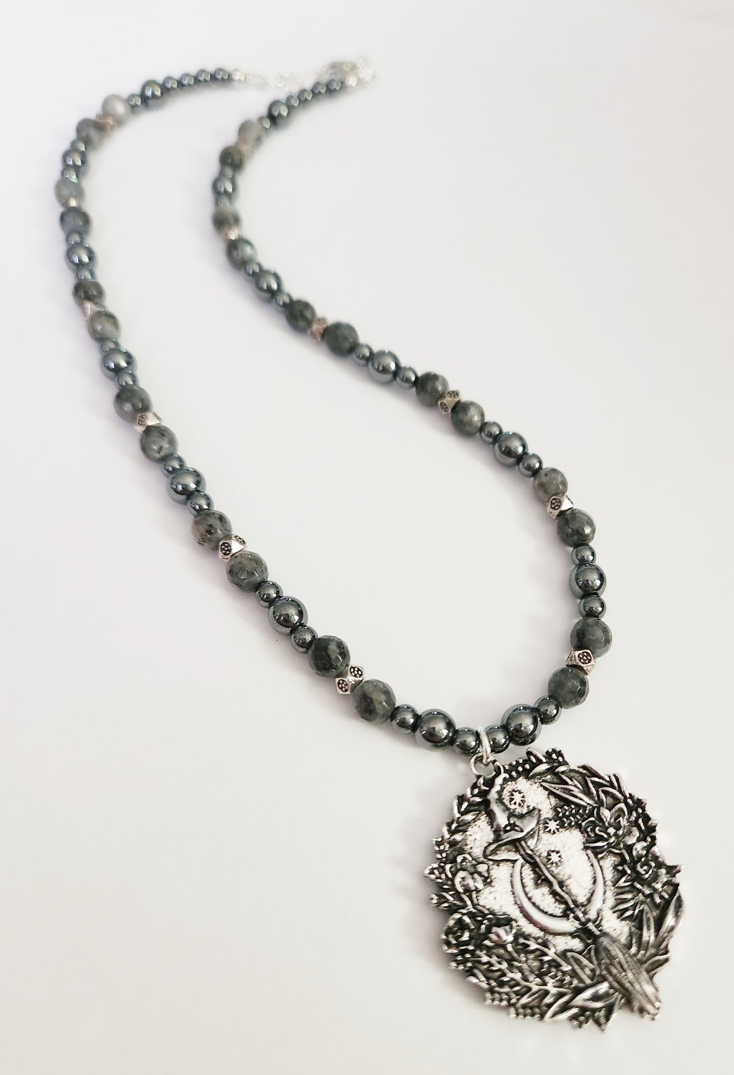 Hematite and Larkavite silver Halloween witchy necklace