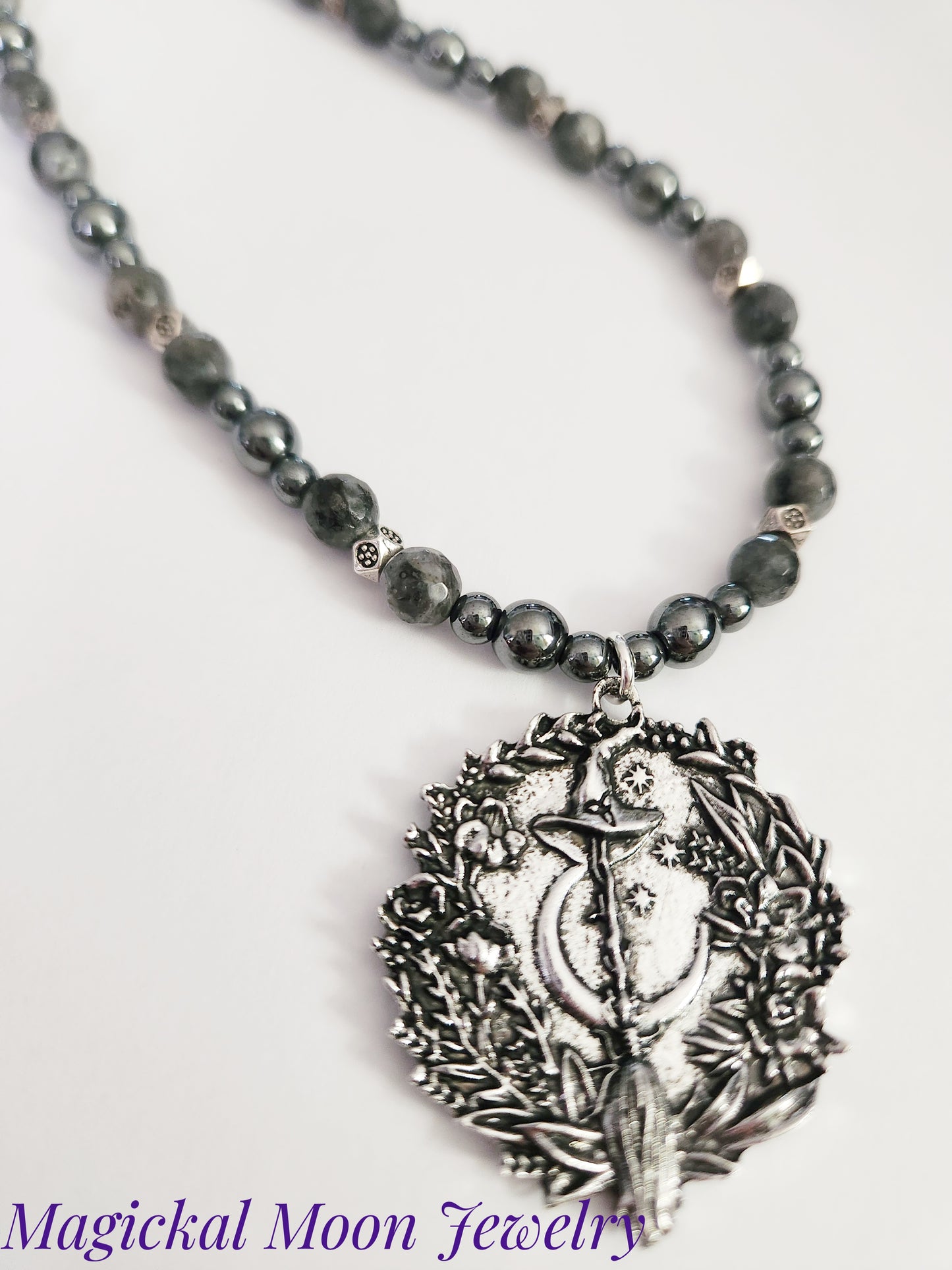 Hematite and Larkavite silver Halloween witchy necklace