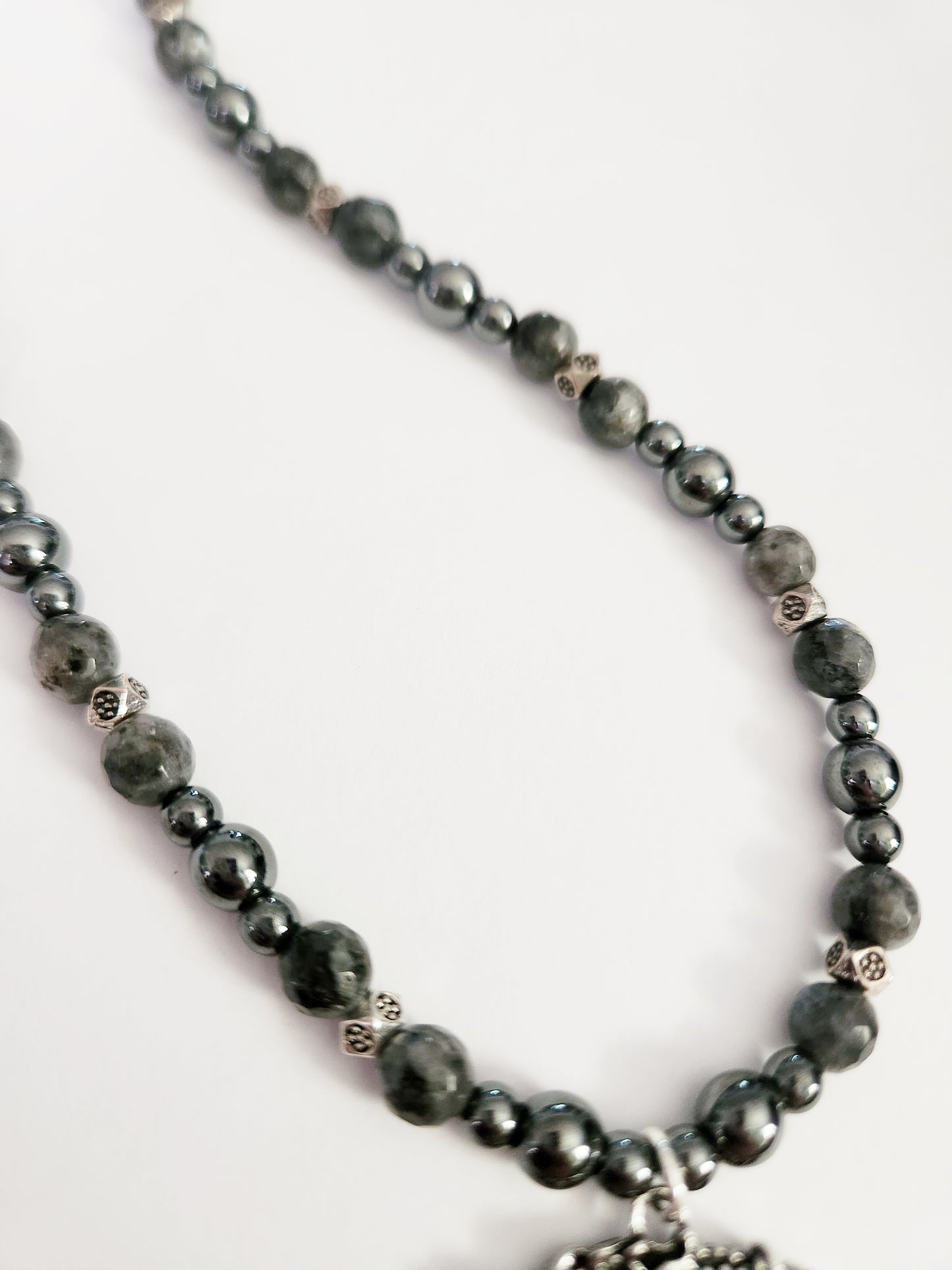 Hematite and Larkavite silver Halloween witchy necklace