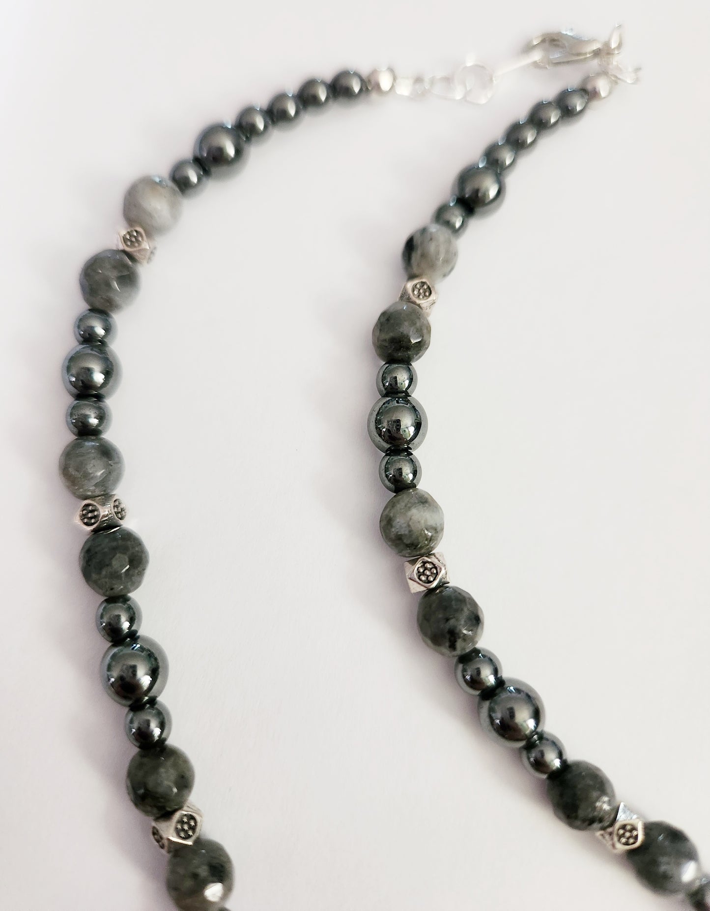 Hematite and Larkavite silver Halloween witchy necklace