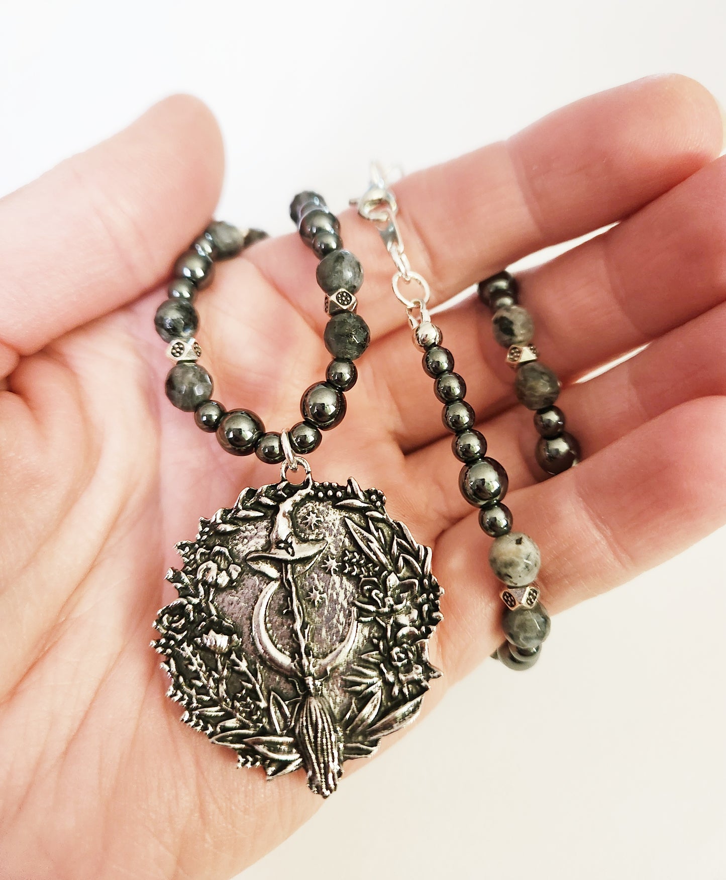 Hematite and Larkavite silver Halloween witchy necklace