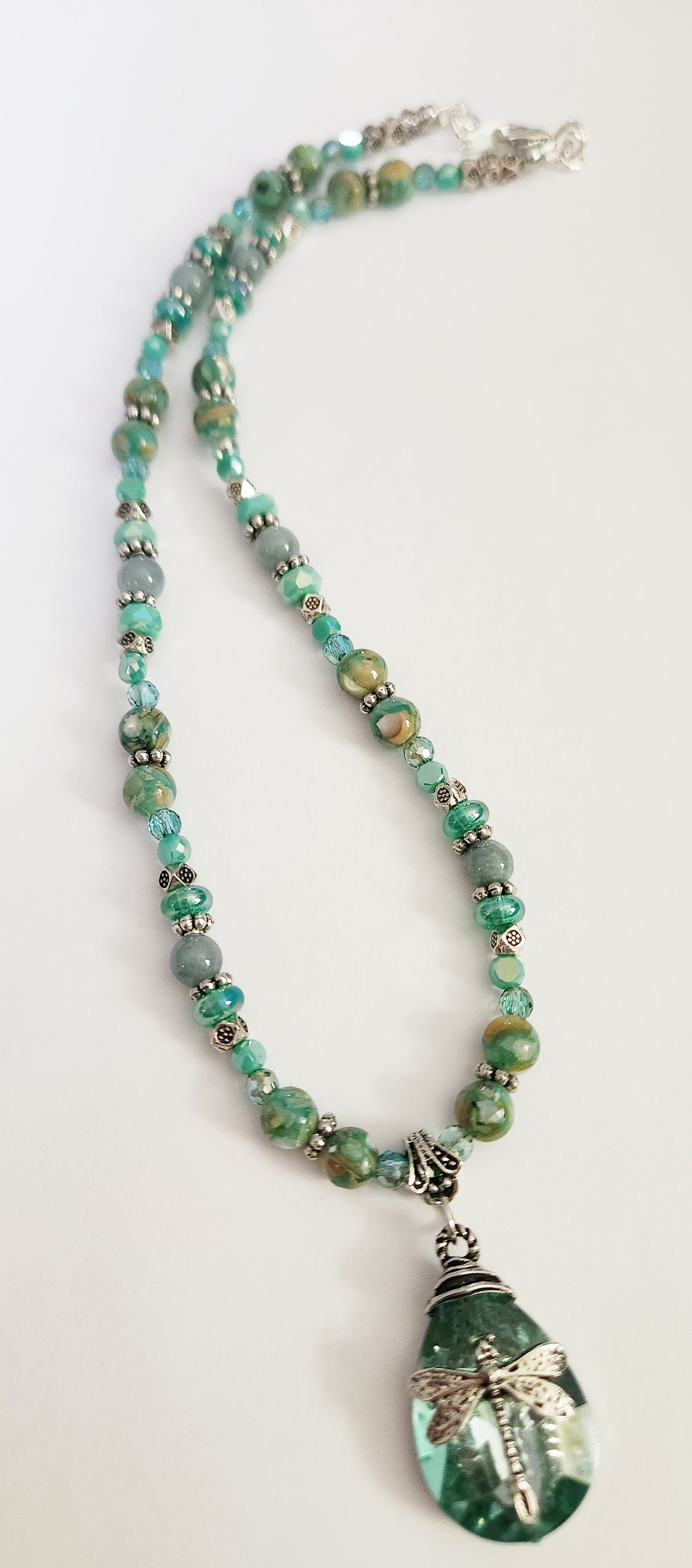 Green glass dragonfly teardrop necklace with Jadeite gemstones