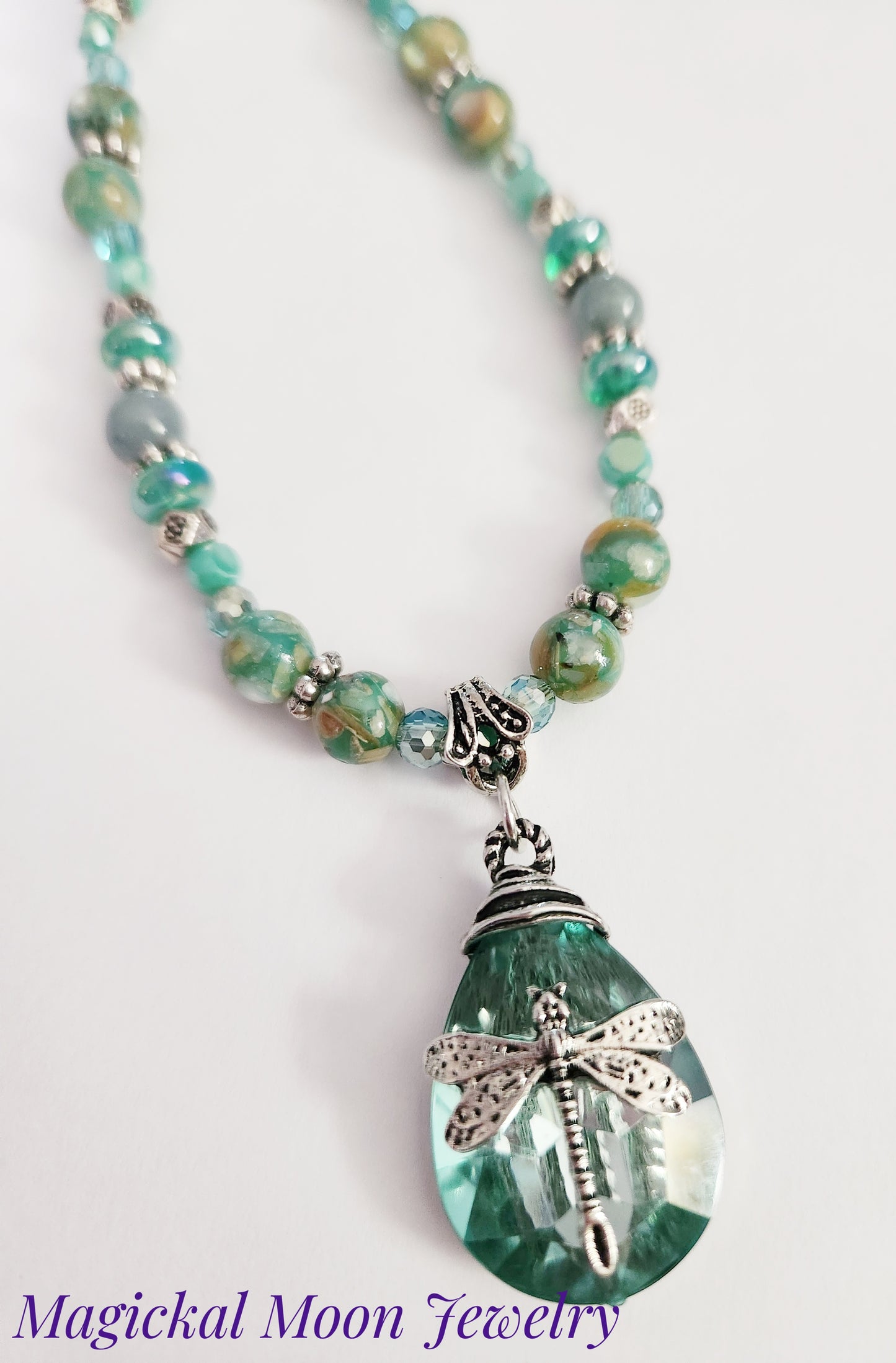 Green glass dragonfly teardrop necklace with Jadeite gemstones