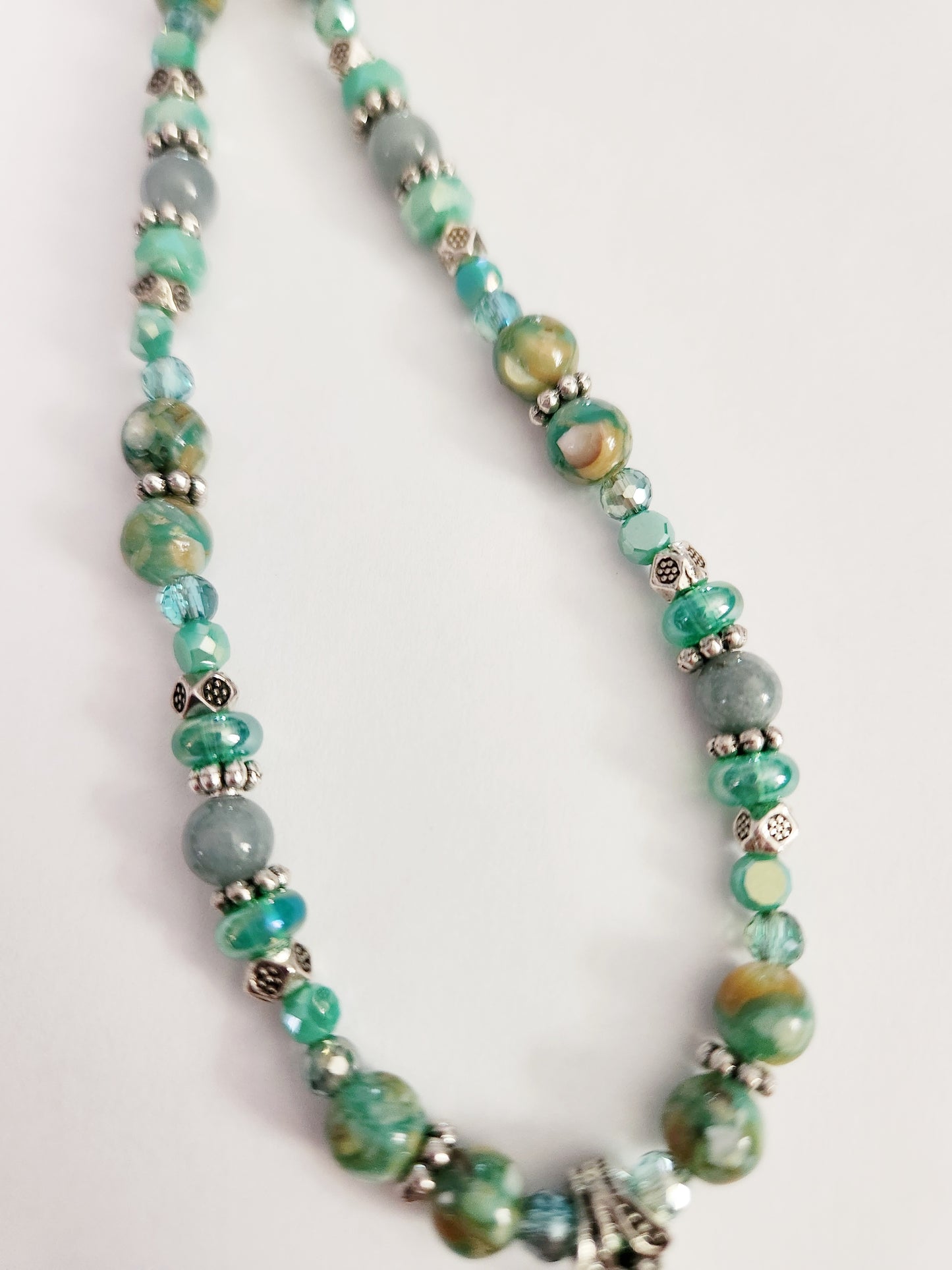 Green glass dragonfly teardrop necklace with Jadeite gemstones
