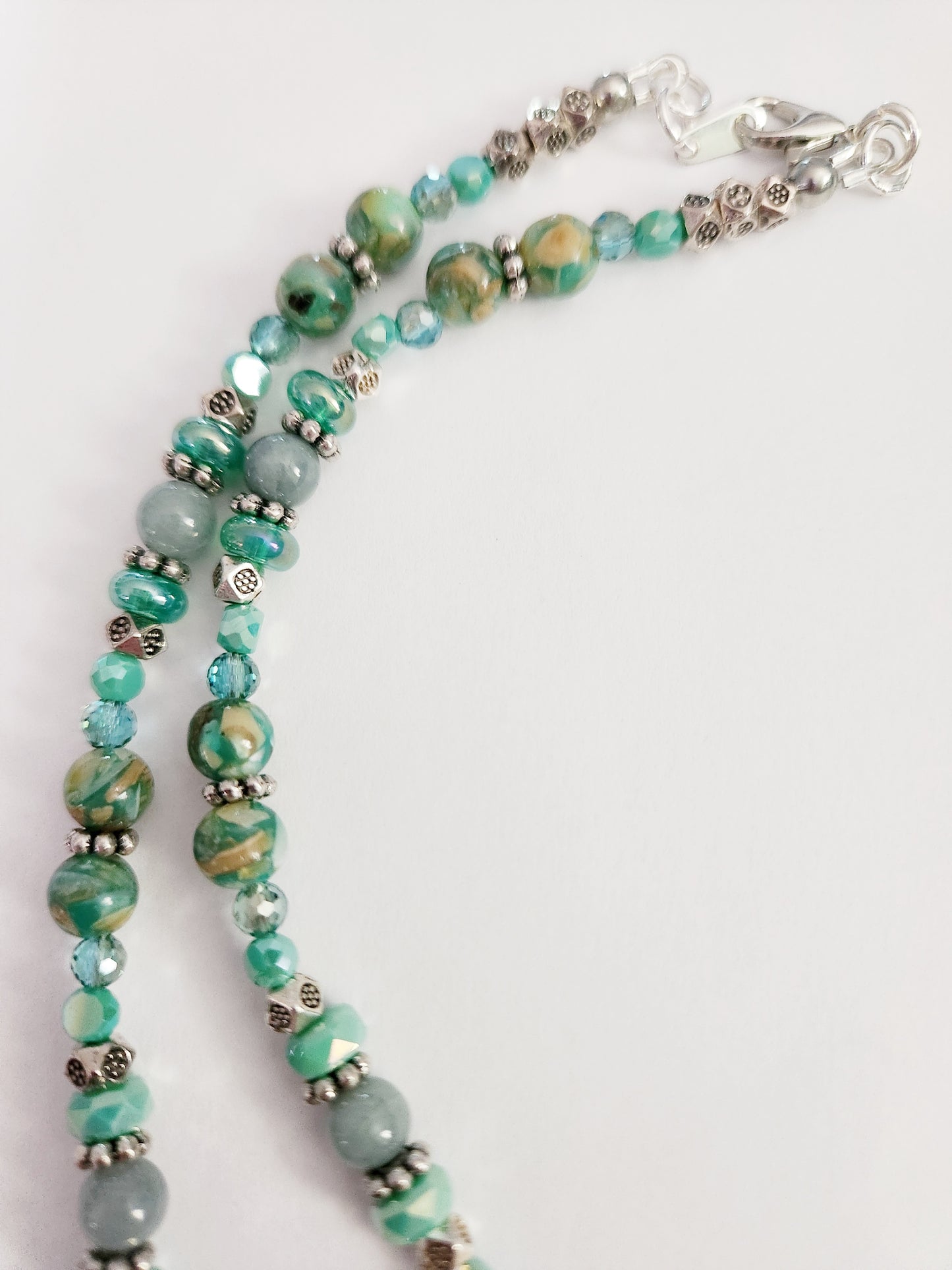 Green glass dragonfly teardrop necklace with Jadeite gemstones