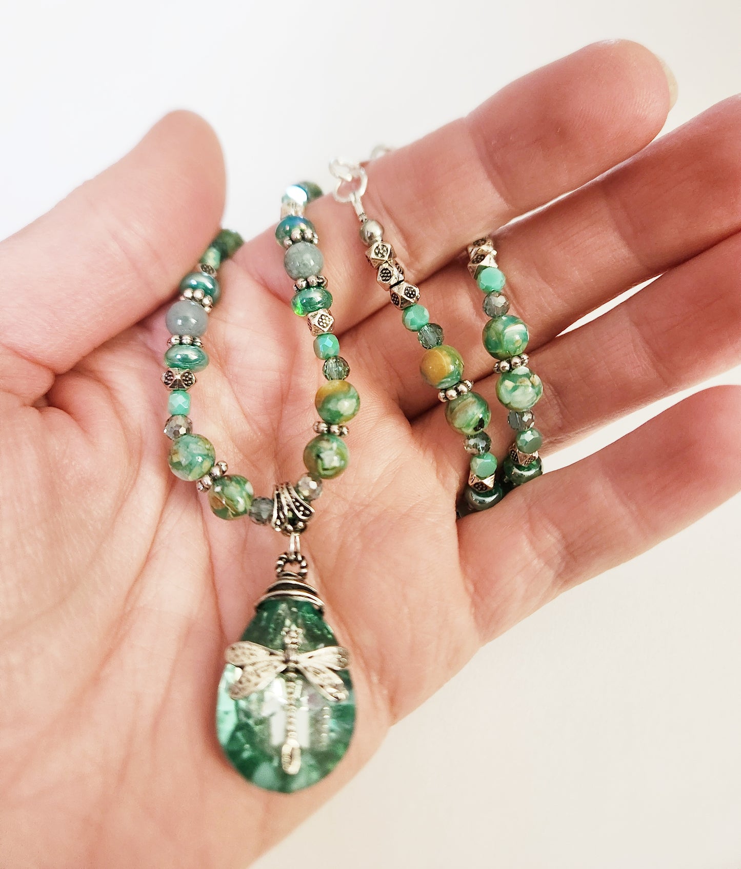 Green glass dragonfly teardrop necklace with Jadeite gemstones