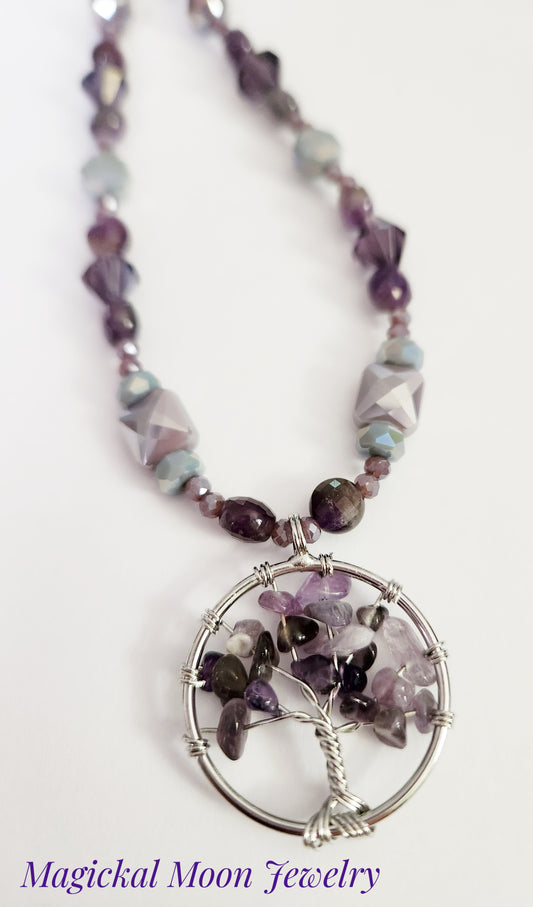 Amethyst tree of life gemstone silver necklace