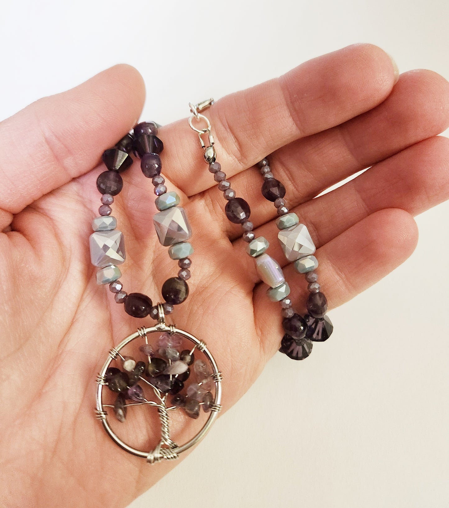 Amethyst tree of life gemstone silver necklace
